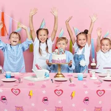 Rtteri 4 Pieces Preppy Y2k Party Tablecloth Pink Table Cloths for Parties Disposable Plastic Smile Face Tablecloth Rectangle Table Cover for Birthday Party Wedding Table Decorations (42.5 x 71 Inch)