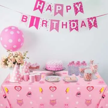 Rtteri 4 Pieces Preppy Y2k Party Tablecloth Pink Table Cloths for Parties Disposable Plastic Smile Face Tablecloth Rectangle Table Cover for Birthday Party Wedding Table Decorations (42.5 x 71 Inch)