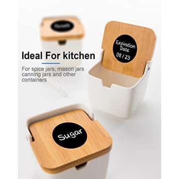 Food or Spice Label for Bottles in Kitchen or Pantry- Round Vinyl Black Labels for Food containers, Mason Jars, Storage Bins,Reusable Waterproof Removable Stickers,120 Chalkboard Labels Free Chalk Pen