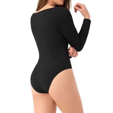 DAVID ARCHY Women's Long Sleeve Bodysuit Square Neck Sexy Thong Bodysuit Shirts for Women (XXL, Black)