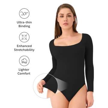DAVID ARCHY Women's Long Sleeve Bodysuit Square Neck Sexy Thong Bodysuit Shirts for Women (XXL, Black)