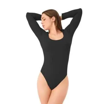 DAVID ARCHY Women's Long Sleeve Bodysuit Square Neck Sexy Thong Bodysuit Shirts for Women (XXL, Black)