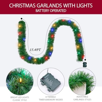 WEMADE 15.4ft Pre-Lit Christmas Garland with Lights – 50 LED Lighted Garlands for Christmas Decora...