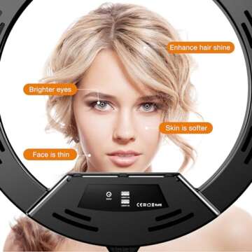 22"Ring Light with Stand,Ring Light Tripod for iPhone ipad,with 75"Tripod/LCD Display/4 ipad iPhone Clips/2 USB Ports,2600K-6500K Color Temperature,for Barber Makeup Tattoo TikTok Video Recording Vlog