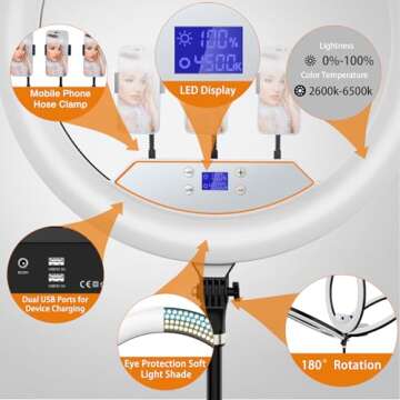 22"Ring Light with Stand,Ring Light Tripod for iPhone ipad,with 75"Tripod/LCD Display/4 ipad iPhone Clips/2 USB Ports,2600K-6500K Color Temperature,for Barber Makeup Tattoo TikTok Video Recording Vlog