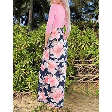 DUNEA Women's Maxi Dress Floral Printed Autumn 3/4 Sleeve Casual Tunic Long Maxi Dress Pink, M