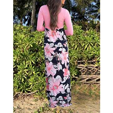 DUNEA Women's Maxi Dress Floral Printed Autumn 3/4 Sleeve Casual Tunic Long Maxi Dress Pink, M
