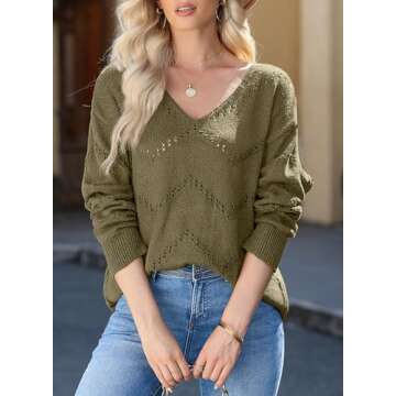 EVALESS Summer Outfits Sweaters for Women Trendy 2024 Crochet Tops Business Casual Clothes Cashmere Lightweight Sweaters for Women Open Knit Top Crochet Sweaters Green Pullover Sweater,X-Large