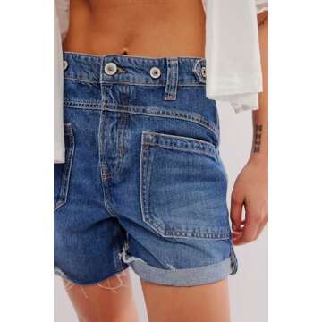 cffvdiz Women's Denim Shorts Mid Waist Summer Casual Loose Frayed Raw Hem Jean Shorts with Pockets,Dark Blue,M