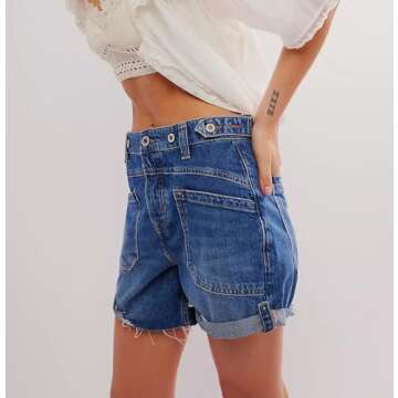 cffvdiz Women's Denim Shorts Mid Waist Summer Casual Loose Frayed Raw Hem Jean Shorts with Pockets,Dark Blue,M