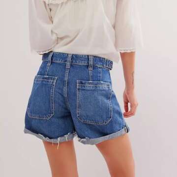 cffvdiz Women's Denim Shorts Mid Waist Summer Casual Loose Frayed Raw Hem Jean Shorts with Pockets,Dark Blue,M