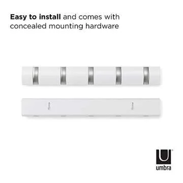 Umbra Flip Wall-Mounted Coat Rack Rail Hook for Hats, Jackets, Bags and More – Modern, Space-Saving Storage Organizer for Entryway, Mudroom, Closet, Bathroom, Bedroom, Kids Room, or Nursery, 5 Hooks, White/Nickel