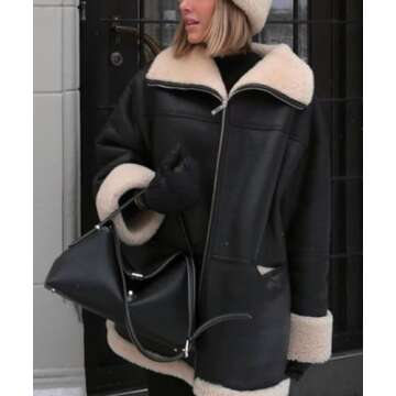 Glkaend Women's Faux Shearing Moto Bomber Jacket Sherpa-Lined Coat Winter Aviator Leather Coat Outerwear