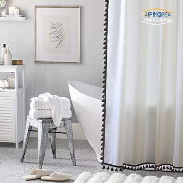 Uphome Extra Long White Shower Curtain with Black Tassel 72 x 84 Boho Fabric Bath Curtain Chic Vintage Cloth Shower Curtain Set with Hooks Heavy Duty Bathroom Decor