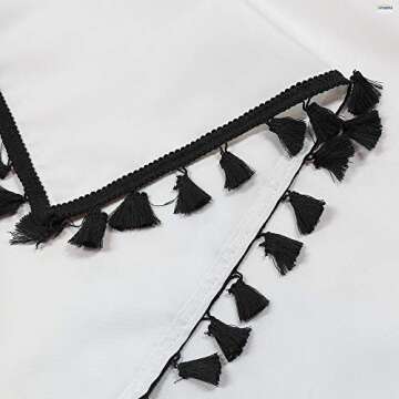 Uphome Extra Long White Shower Curtain with Black Tassel 72 x 84 Boho Fabric Bath Curtain Chic Vintage Cloth Shower Curtain Set with Hooks Heavy Duty Bathroom Decor