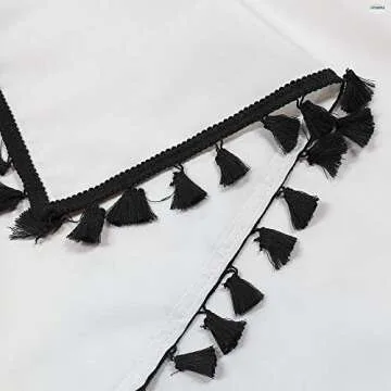 Uphome Extra Long White Shower Curtain with Black Tassel 72 x 84 Boho Fabric Bath Curtain Chic Vintage Cloth Shower Curtain Set with Hooks Heavy Duty Bathroom Decor