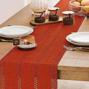 ZeeMart Macrame Style Boho Table Runner, Burnt Ochre Fall Table Runners 36 Inches Long, Farmhouse Woven Home Decor, 12x36 Inch, Dark Orange