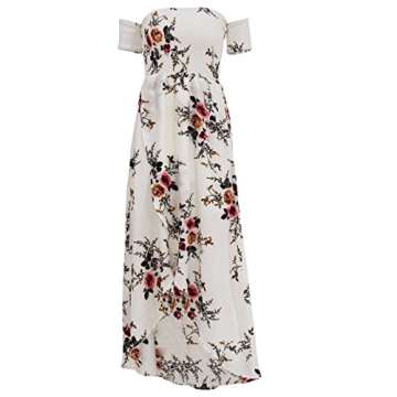 SVALIY Women Floral Off The Shoulder Split Chiffon Maxi Beach Dress Wedding Party (White,Large)