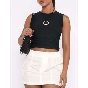 ZESICA Womens Summer Tank Tops 2025 Sleeveless Crewneck Knit Slim Fitted Side Ruched Casual Basic Shirt,Black,Medium