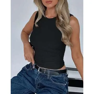 ZESICA Womens Summer Tank Tops 2025 Sleeveless Crewneck Knit Slim Fitted Side Ruched Casual Basic Shirt,Black,Medium