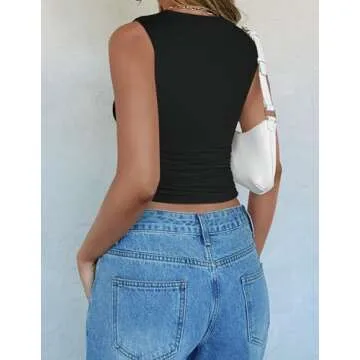 ZESICA Womens Summer Tank Tops 2025 Sleeveless Crewneck Knit Slim Fitted Side Ruched Casual Basic Shirt,Black,Medium