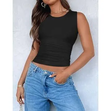 ZESICA Womens Summer Tank Tops 2025 Sleeveless Crewneck Knit Slim Fitted Side Ruched Casual Basic Shirt,Black,Medium