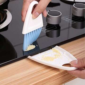 Mini Broom and Dustpan Set Small Hand Broom and Dust Pan Tiny Dustpan and Brush Set for Cleaning Table Countertop Keyboard Pets Hair and Small Messes - 1 Pack Blue & White