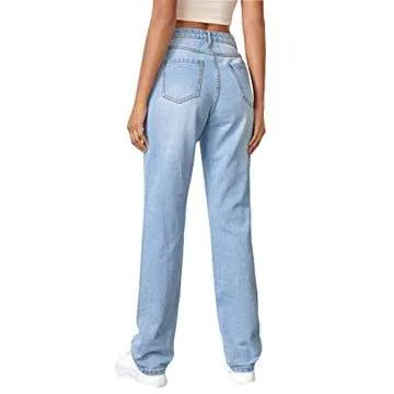 SweatyRocks Women's Ripped Straight Leg Jeans High Waist Distressed Cutout Denim Pants Light Blue S