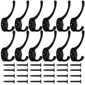 IBosins 12 Pack Black Coat Hooks Wall Mounted with 24 Screws Retro Double Hooks Utility Black Hooks for Coat, Scarf, Bag, Towel, Key, Cap, Cup, Hat