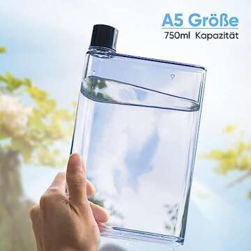 GOTOTOP Flat Water Bottle, 750ml A5 Plastic Memo Paper Water Bottle Reusable Slim BPA Free Bottle for School Activity Outdoor Gym Cycling Hiking (Transparent)