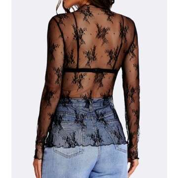 MOHHOM Womens Lace Long Sleeve Mesh Top Mock Neck Sheer Blouse See Through Floral Layering Shirt(Bla...