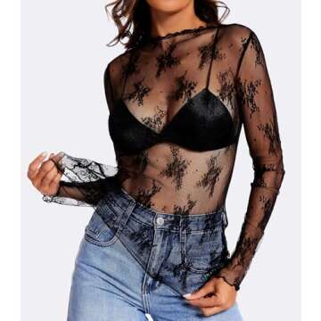 MOHHOM Womens Lace Long Sleeve Mesh Top Mock Neck Sheer Blouse See Through Floral Layering Shirt(Black, Medium)
