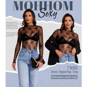 MOHHOM Womens Lace Long Sleeve Mesh Top Mock Neck Sheer Blouse See Through Floral Layering Shirt(Black, Medium)