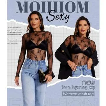 MOHHOM Womens Lace Long Sleeve Mesh Top Mock Neck Sheer Blouse See Through Floral Layering Shirt(Black, Medium)