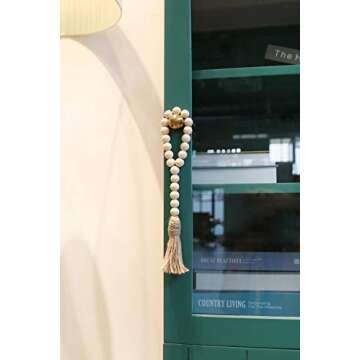 Mkono Wooden Beads Garland with Tassels 3 Pcs Prayer Beads Farmhouse Rustic Wood Bead String Wall Hanging Decor for Baby Nursery Room, Wedding Vase Ornament, Ivory