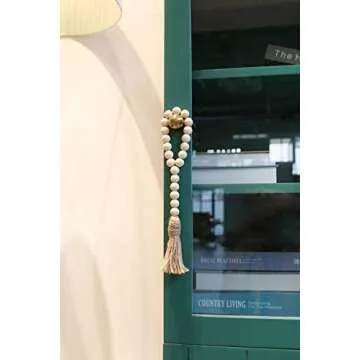 Mkono Wooden Beads Garland with Tassels 3 Pcs Prayer Beads Farmhouse Rustic Wood Bead String Wall Hanging Decor for Baby Nursery Room, Wedding Vase Ornament, Ivory