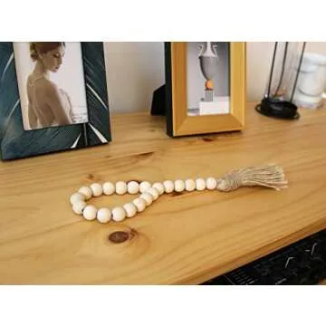 Mkono Wooden Beads Garland with Tassels 3 Pcs Prayer Beads Farmhouse Rustic Wood Bead String Wall Hanging Decor for Baby Nursery Room, Wedding Vase Ornament, Ivory