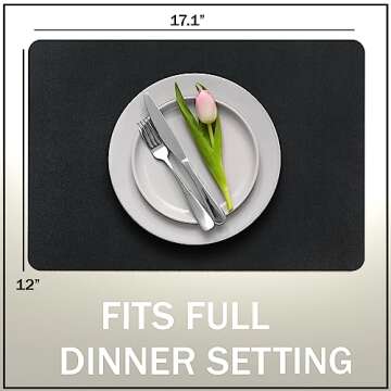 More Décor Faux Leather Placemats for Dining and Kitchen Table - Stain and Heat Resistant, Anti-Slip, Wipable and Washable - Set of 4 and 6 - Solid Colors (Solid Black, 4)