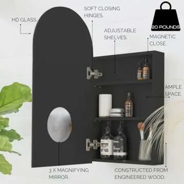 sower and seed Arched Black Medicine Cabinet with Mirror, Semi Recessed Or Surface Mounted Black Bathroom Mirror Cabinet with Storage