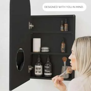 sower and seed Arched Black Medicine Cabinet with Mirror, Semi Recessed Or Surface Mounted Black Bathroom Mirror Cabinet with Storage