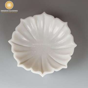 SWADESHI BLESSINGS HandCrafted Marble Lotus Bowl/Organic Modern Home Decor Bowl/Fruit Bowl/Vintage Ring Dish/Decorative Flower Bowl/HouseWarming Gifts/Wedding Gifts/Urli (10 Inches)