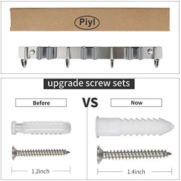 Piyl Broom Mop Holder Wall Mount Broom Hanger Wall Mounted Metal Organization Garage Storage Garden Kitchen Tool Organizer With 4 Racks and 5 Hooks (Silver, 1 Pack 3R4H)…