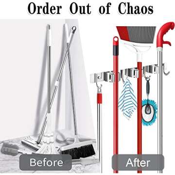 Piyl Broom Mop Holder Wall Mount Broom Hanger Wall Mounted Metal Organization Garage Storage Garden Kitchen Tool Organizer With 4 Racks and 5 Hooks (Silver, 1 Pack 3R4H)…