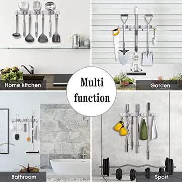 Piyl Broom Mop Holder Wall Mount Broom Hanger Wall Mounted Metal Organization Garage Storage Garden Kitchen Tool Organizer With 4 Racks and 5 Hooks (Silver, 1 Pack 3R4H)…