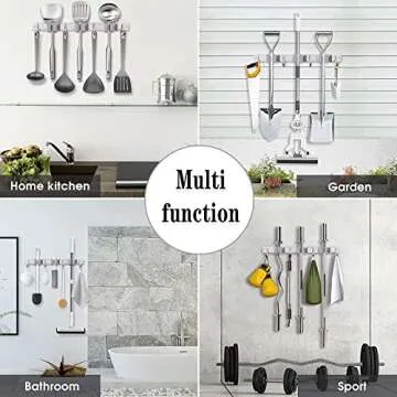 Piyl Broom Mop Holder Wall Mount Broom Hanger Wall Mounted Metal Organization Garage Storage Garden Kitchen Tool Organizer With 4 Racks and 5 Hooks (Silver, 1 Pack 3R4H)…