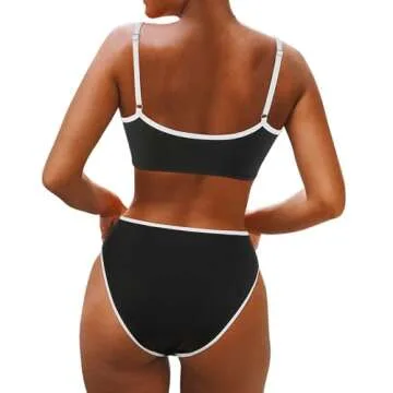 SUUKSESS Women's High Waisted Two Piece Bikini Set - Cheeky High Cut Bandeau Swimsuit (Black and Whi...