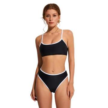 SUUKSESS Women High Waisted Two Piece Bikini Sets Cheeky High Cut Bandeau Swimsuits Push Up Bathing Suit(Black and White,L)