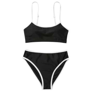 SUUKSESS Women High Waisted Two Piece Bikini Sets Cheeky High Cut Bandeau Swimsuits Push Up Bathing Suit(Black and White,L)