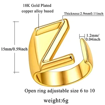FindChic Initial Letter Z Cuff Ring for Women - 18K Gold