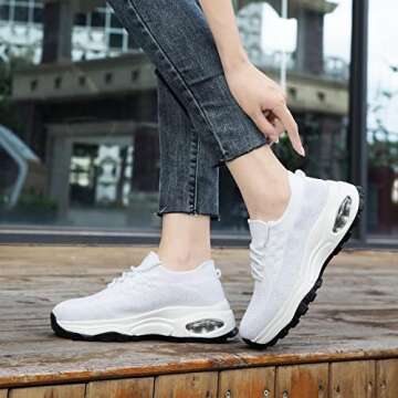 LEASKARX Walking Shoes for Women, Fashion Sneakers for Women,Hypersoft Slip on Air Cushion Non Slip Breathable Mesh Thick Sole,Casual Work Nurse Tennis Running White